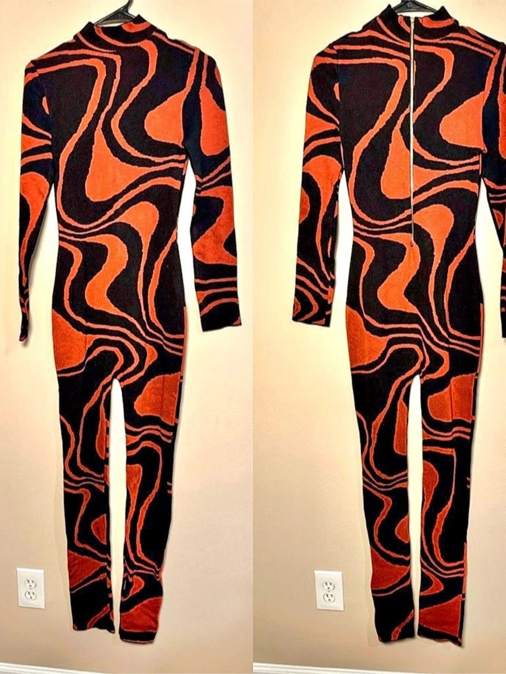 Abstract Print Jumpsuit in Black & Orange Like New